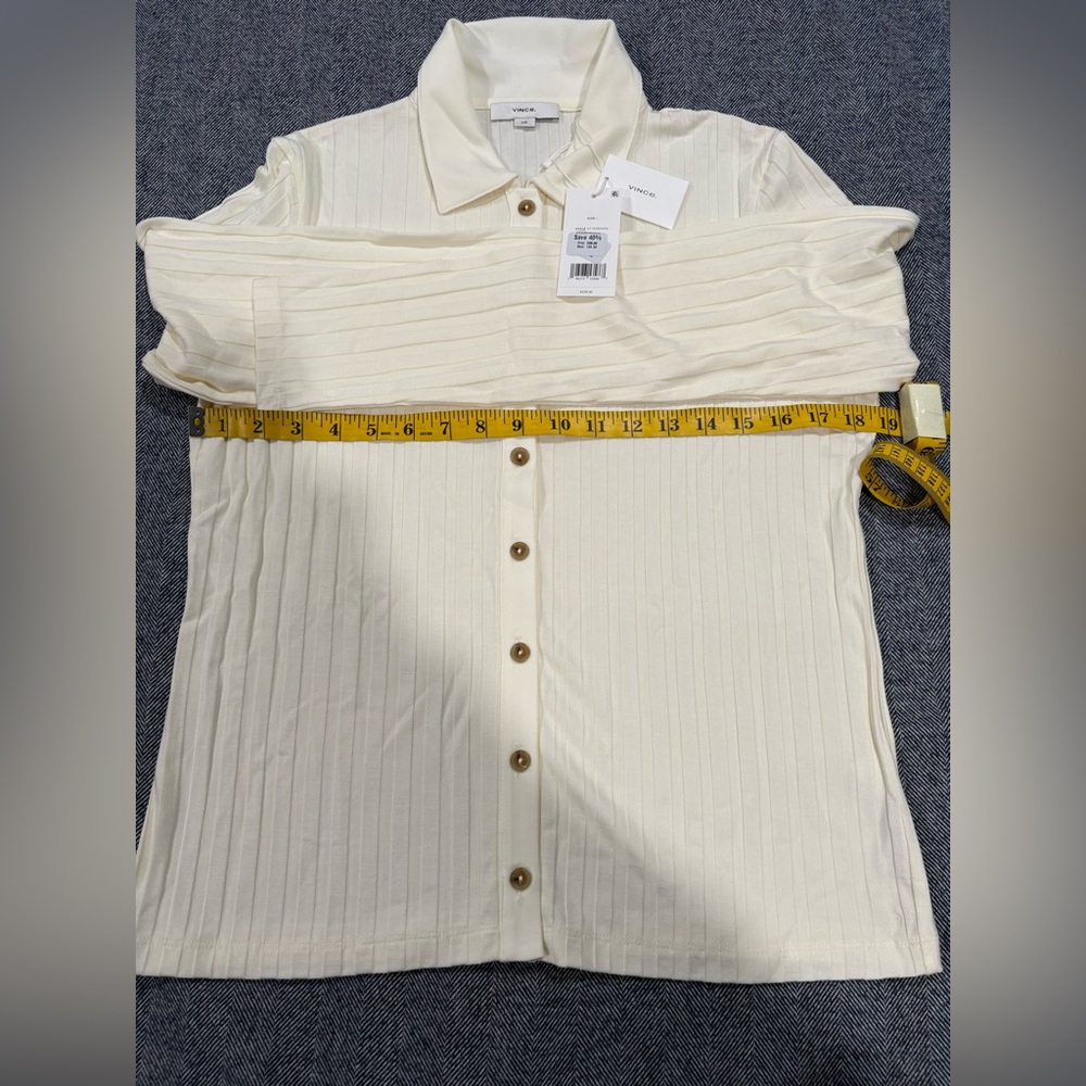 Vince Ribbed Collared Long-Sleeve Button-Front Top | color: vanilla | size: L - Picture 4 of 8